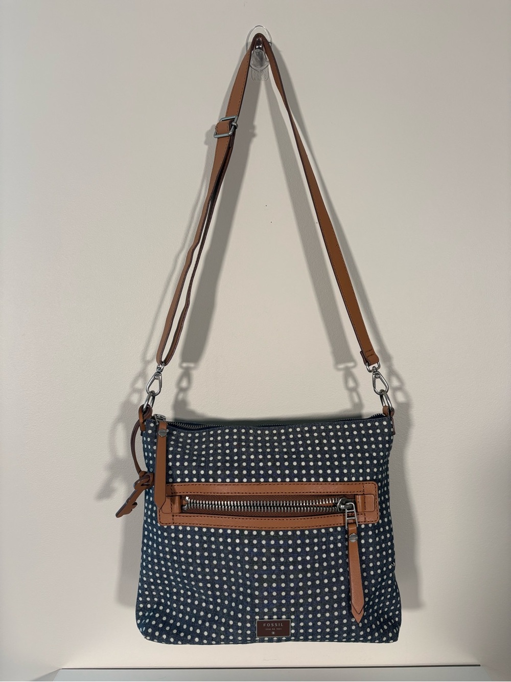 Fossil Navy Polka Dot Crossbody with Brown Trim